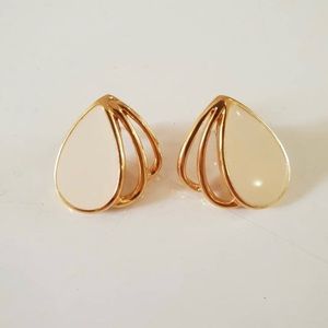 Earrings, 1980s Trifari, goldtone w/ cream enamel